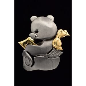 Ultra Craft Vintage Teddy Bear Pin Brooch Gold Reading Signed NOS 1980s BinBK